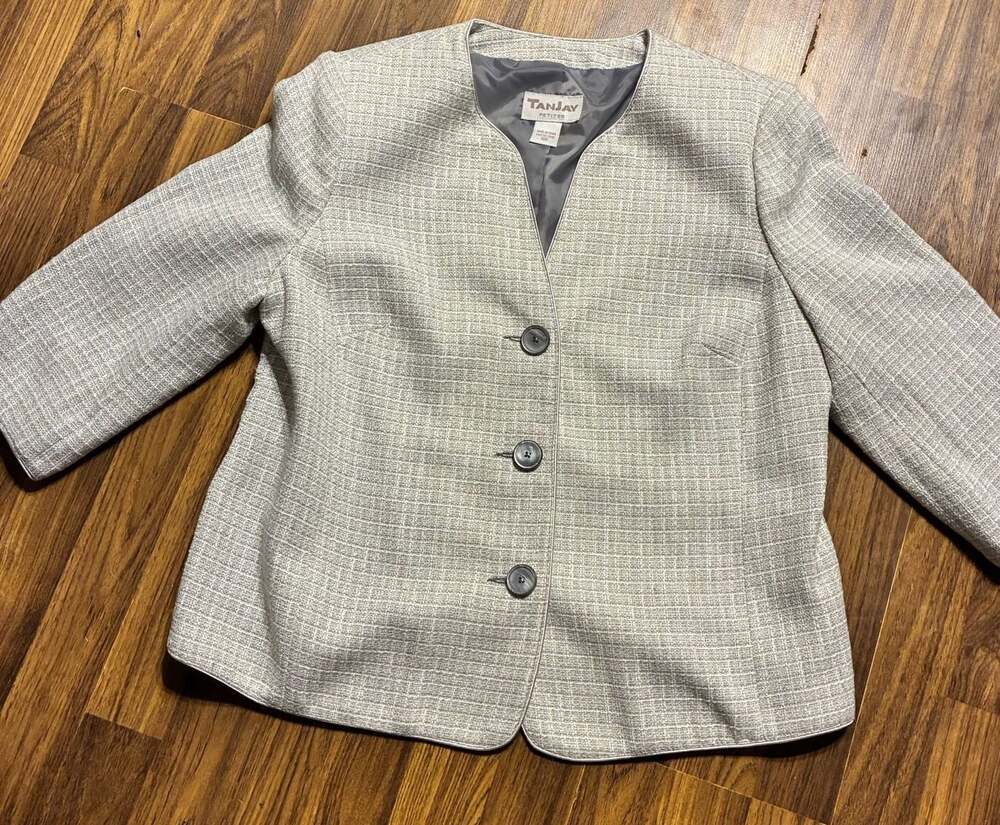 TanJay Petites Gray Tweed Collarless Button-Front Blazer Jacket Size 10P